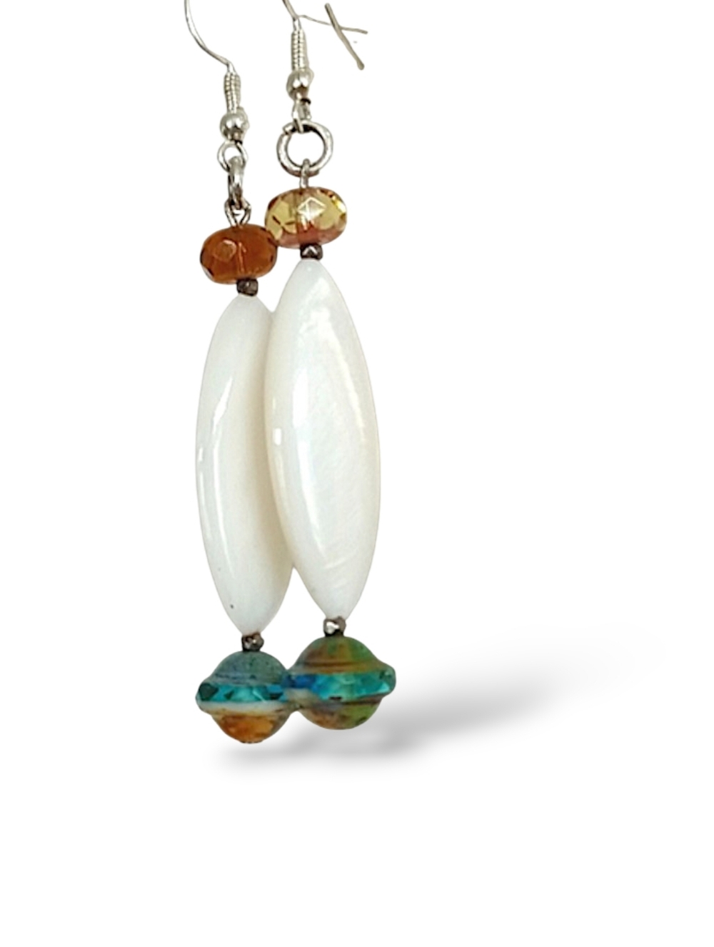 Handcrafted Shell Amber & Turquoise Crystal Beaded Drop Earrings Earthy Beach